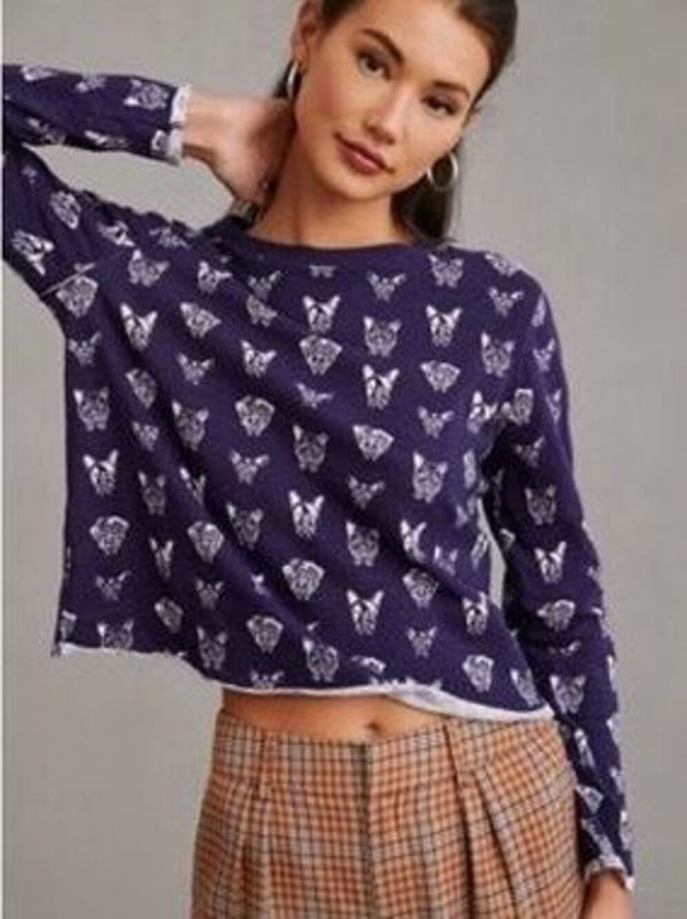 Maeve Anthropologie Dog Print Raw Hem Boxy Cropped Long Sleeve Tee Top Whimsical